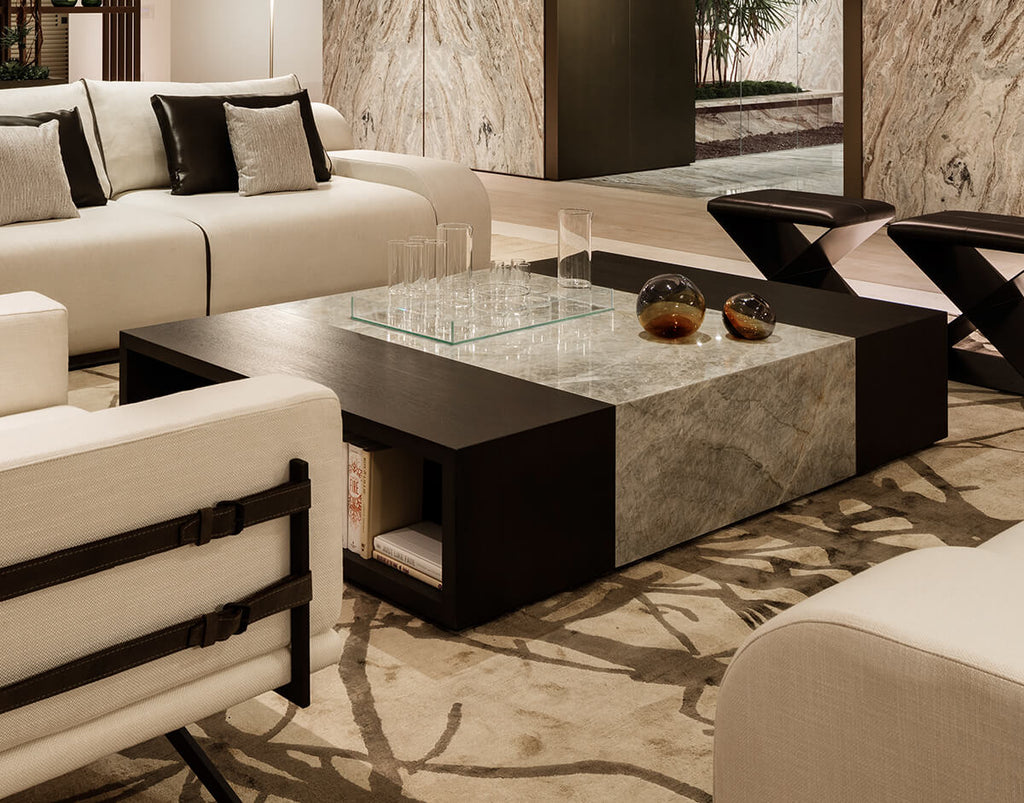 Marseille Table modern rectangular coffee table with dark wood frame and marble top