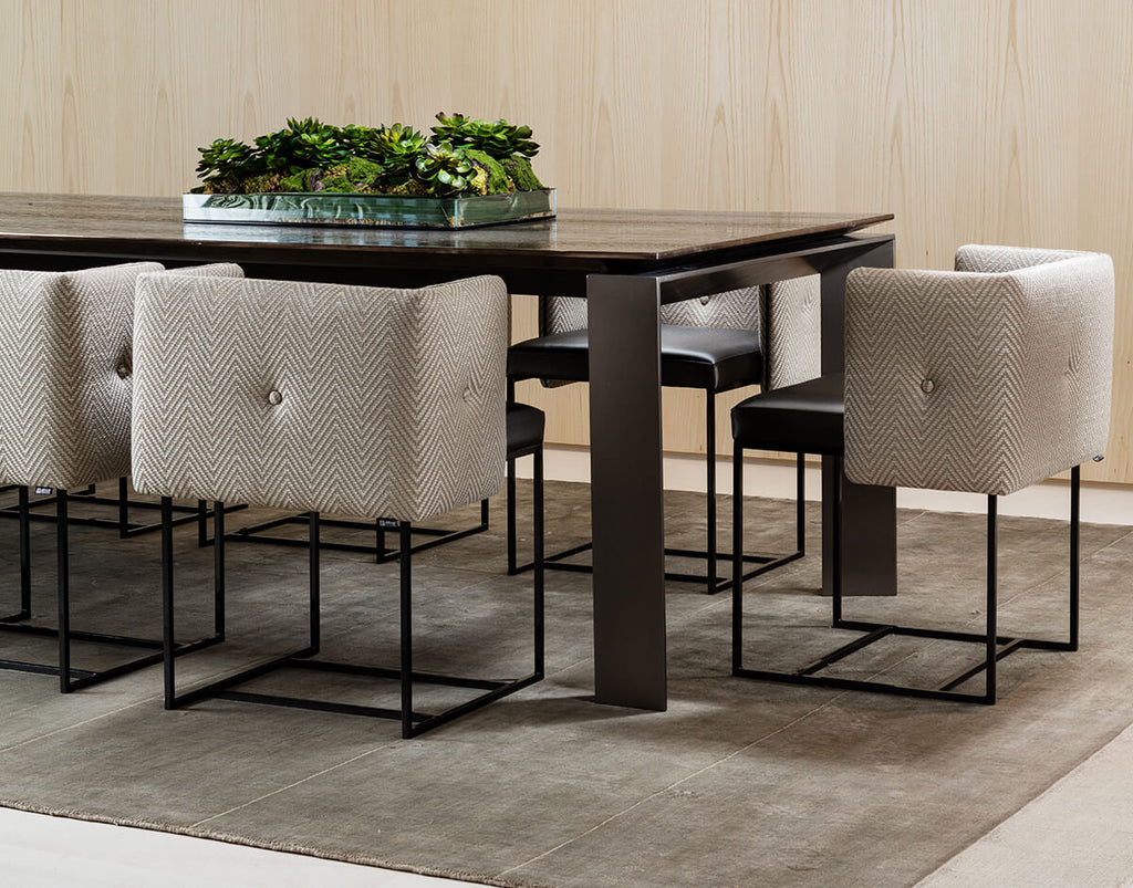 Paris Chair contemporary dining table with upholstered light fabric chairs and dark wood top