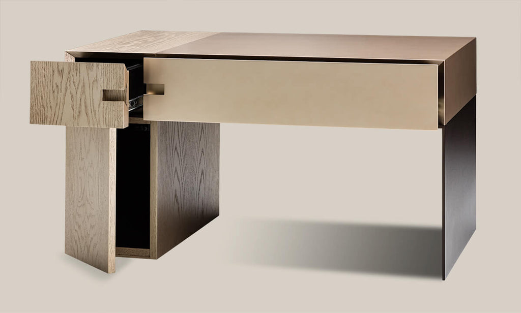 Contemporary wooden Brussels Nightstand with light top and unique cut-out drawer handle