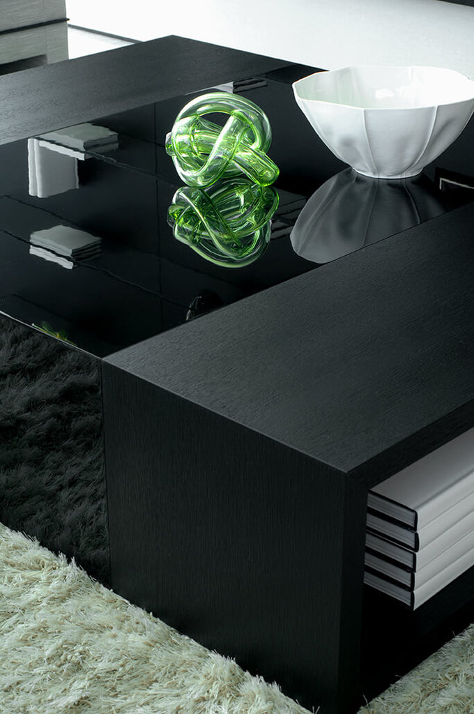 Marseille Table black coffee table with reflective surface and open storage design