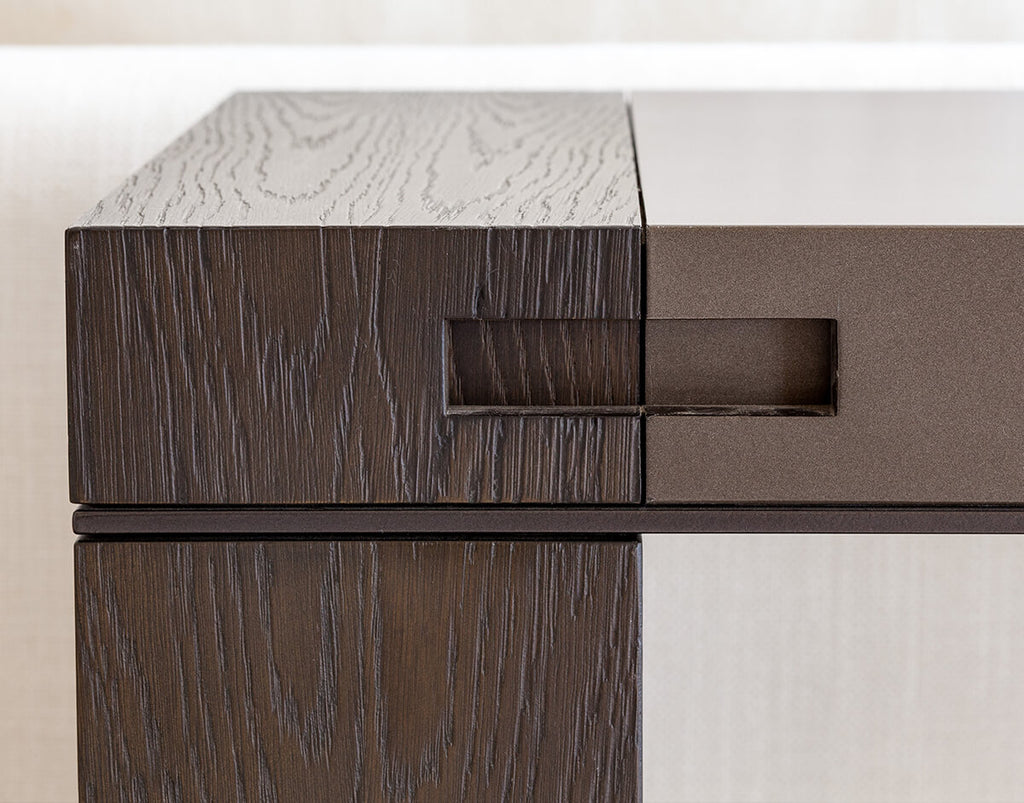 Brussels Table featuring a two-tone wooden cabinet with integrated horizontal pull handles