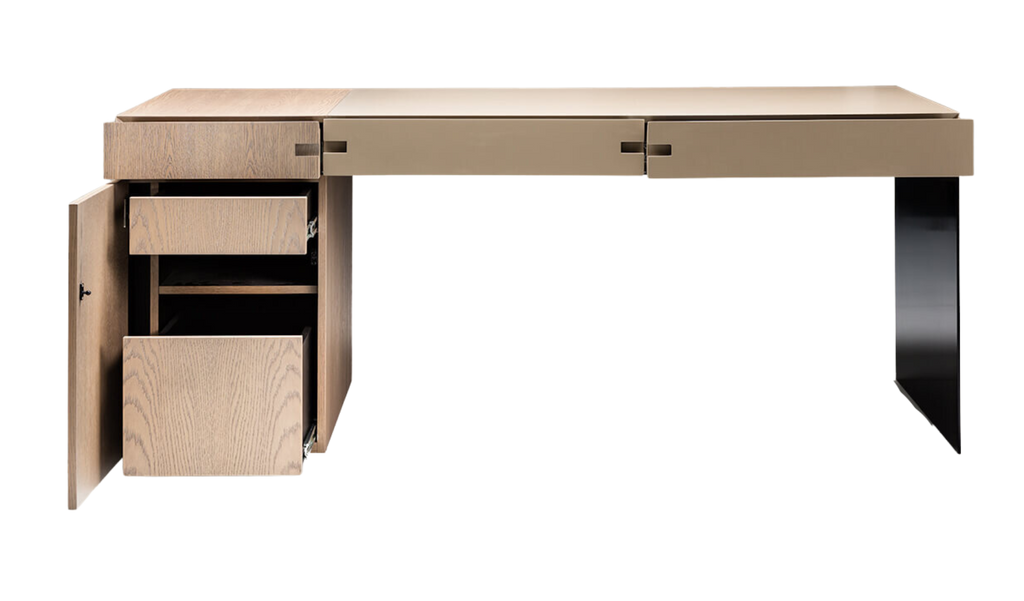 Light wood Brussels Desk with open cabinet, drawers, and shelf for organized workspace