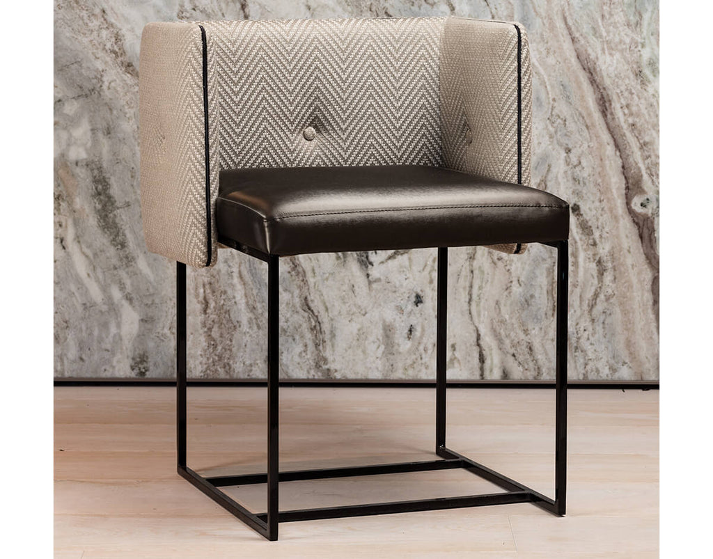 Paris Chair with grey herringbone upholstered back, tufted button, black leather seat