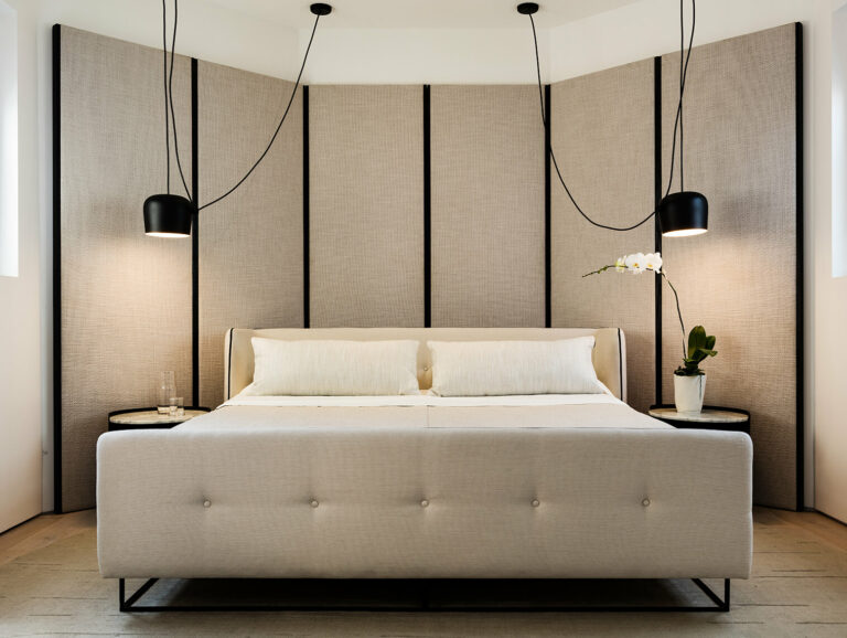 Modern beige upholstered bed with tufted footboard featuring Antwerp Screen design