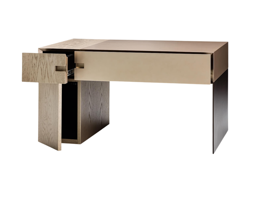 Light brown wooden Brussels Nightstand with open drawer and unique handle