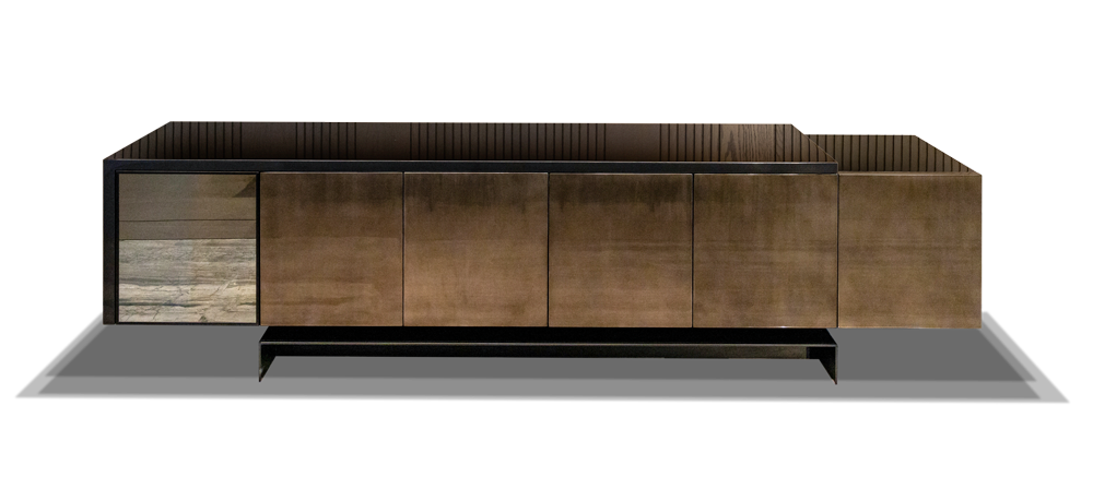 Athens Console sideboard with solid wood doors and slatted top edge, lacquered steel accents