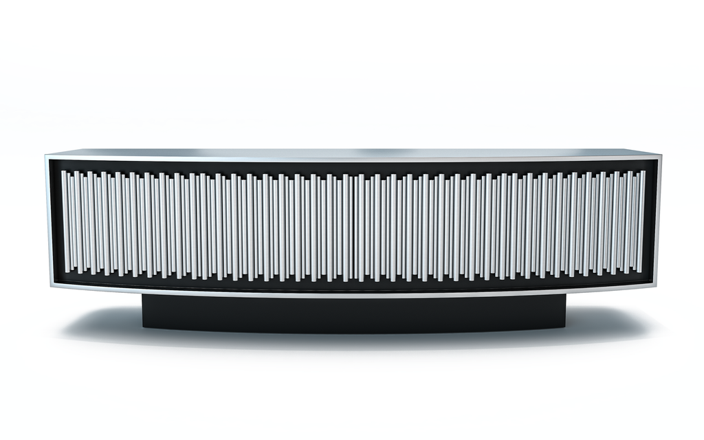 Matte black lacquered Agathon Curved Credenza with sleek metal and slatted facade
