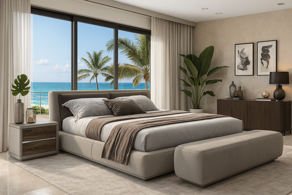 Modern gray upholstery Endymion Bed in a bedroom with ocean view and stylish nightstands