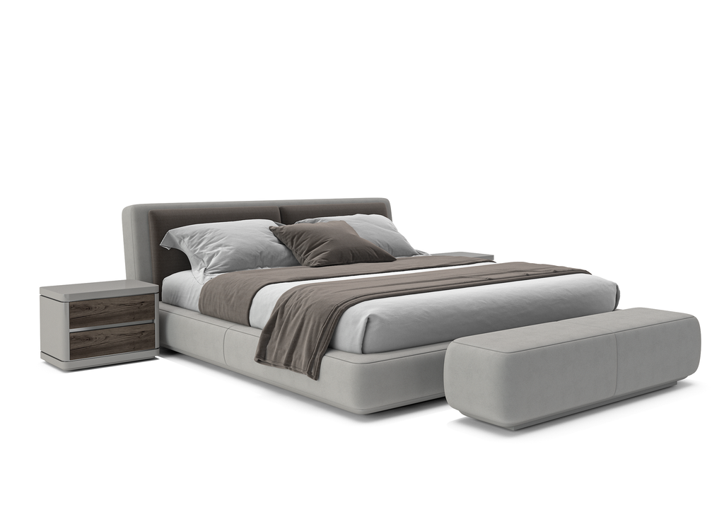 Endymion Bed with modern gray upholstery, matching foot bench, and dark wood nightstand