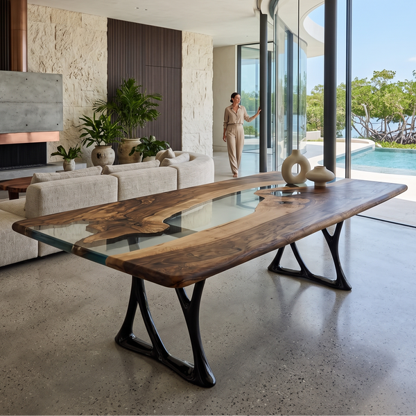 Aquamarine Pheraea Walnut Wood River Dining Table