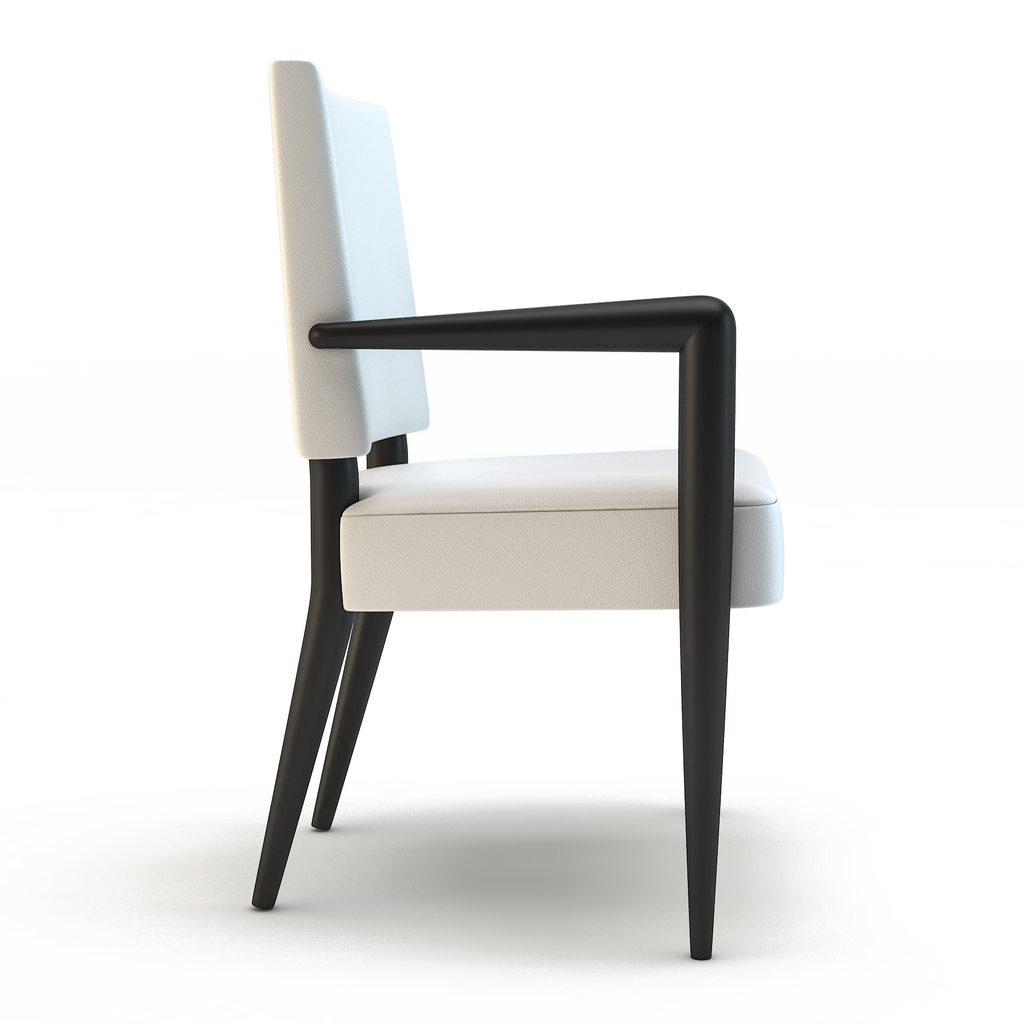 Modern armless white upholstered Athamas dining chair with dark wooden legs and armrests