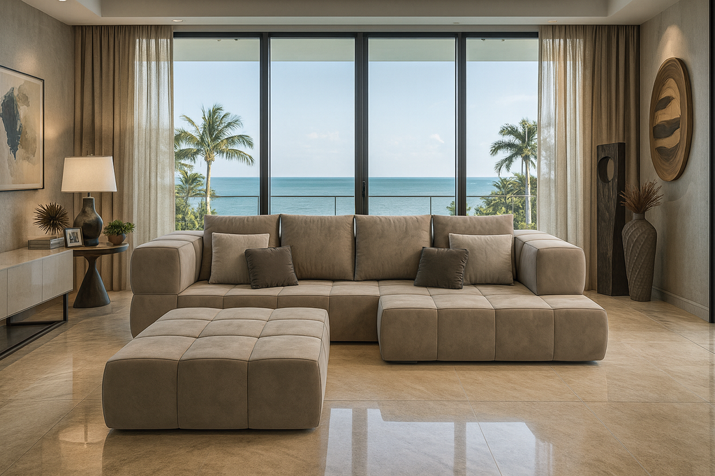 Thalion Sofa with neutral upholstery material, L-shaped sectional with chaise longue and ottoman