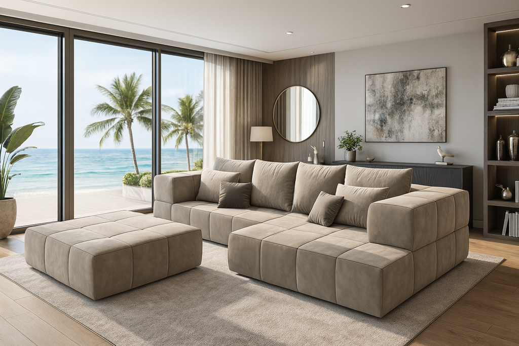Thalion Sofa modular L-shaped sectional with chaise longue and neutral beige upholstery