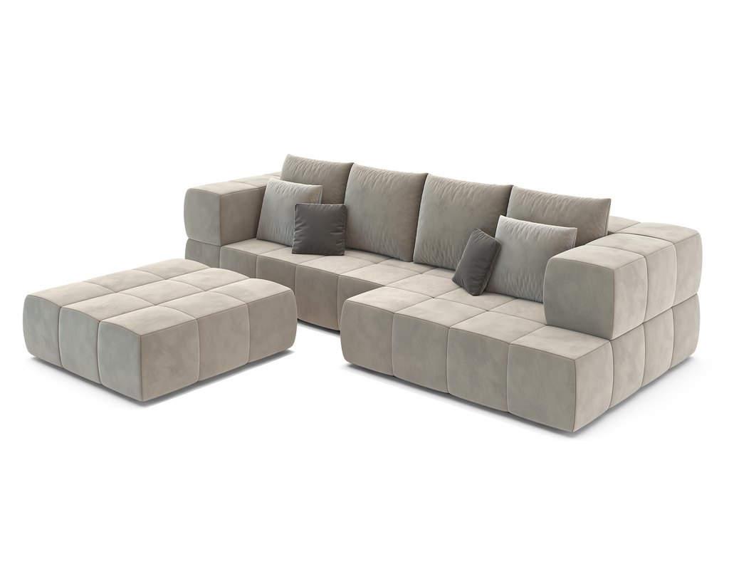 Thalion Sofa plush light grey sectional with chaise longue, matching ottoman, dark grey pillows