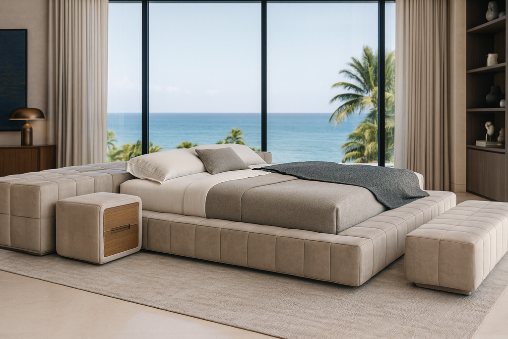 Thalion Bed with plush beige upholstery material, integrated platform, and side seating