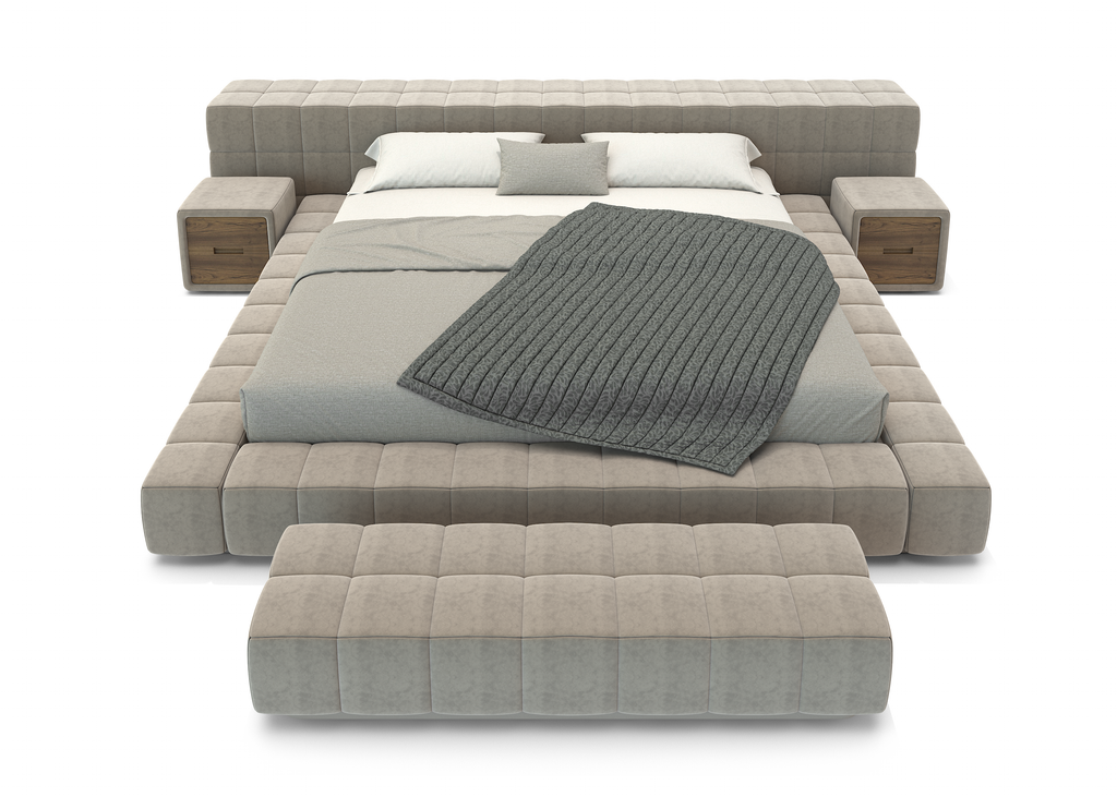 Modern Thalion Bed with tufted upholstered frame, integrated nightstands, and matching bench