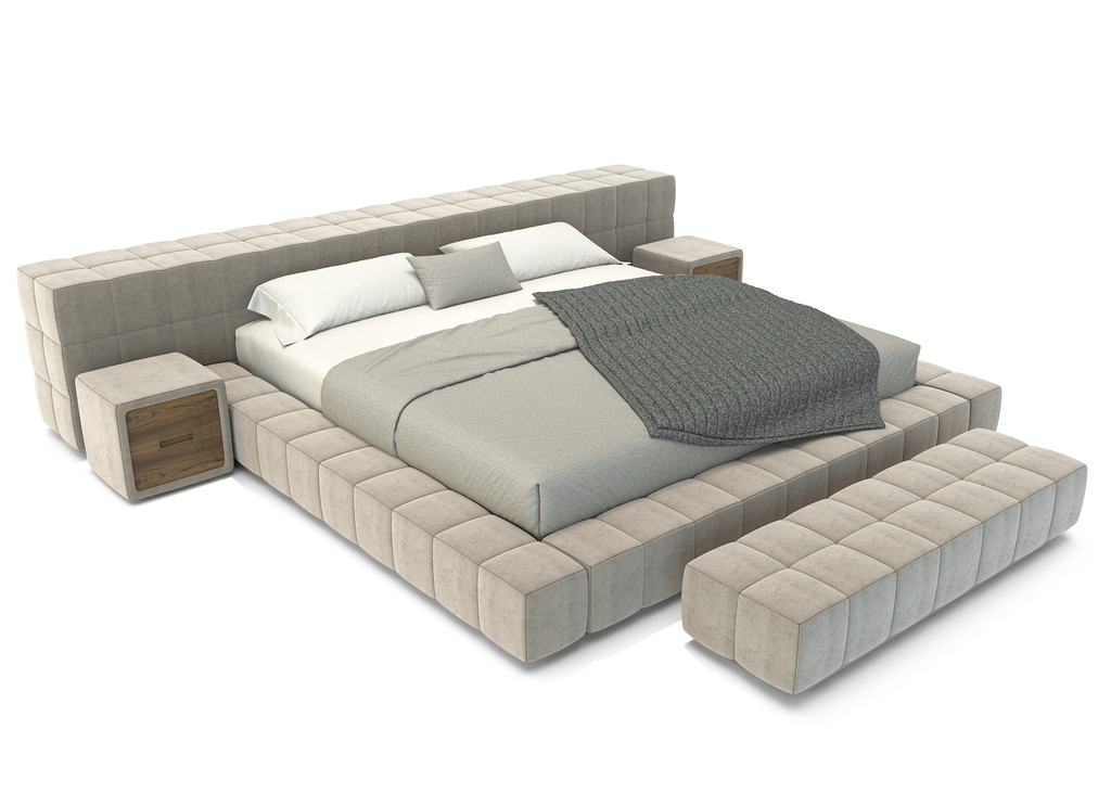 Modern Thalion Bed with upholstered platform, integrated headboard, and grey bedding