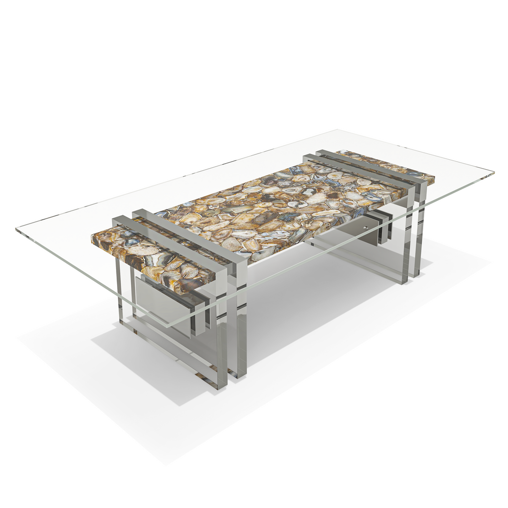 Merope Brown Agathe Stone Coffee Table with glass top and stainless steel base