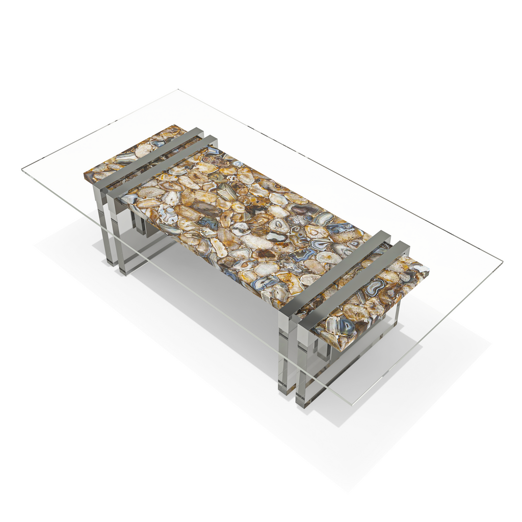 Merope Brown Agathe Stone Coffee Table with glass top and mosaic stone insert
