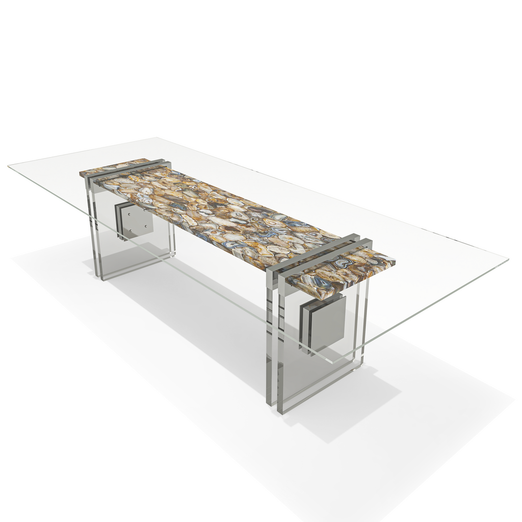 Merope Brown Agathe Stone Dining Table with glass top and central brown agathe stone inlay