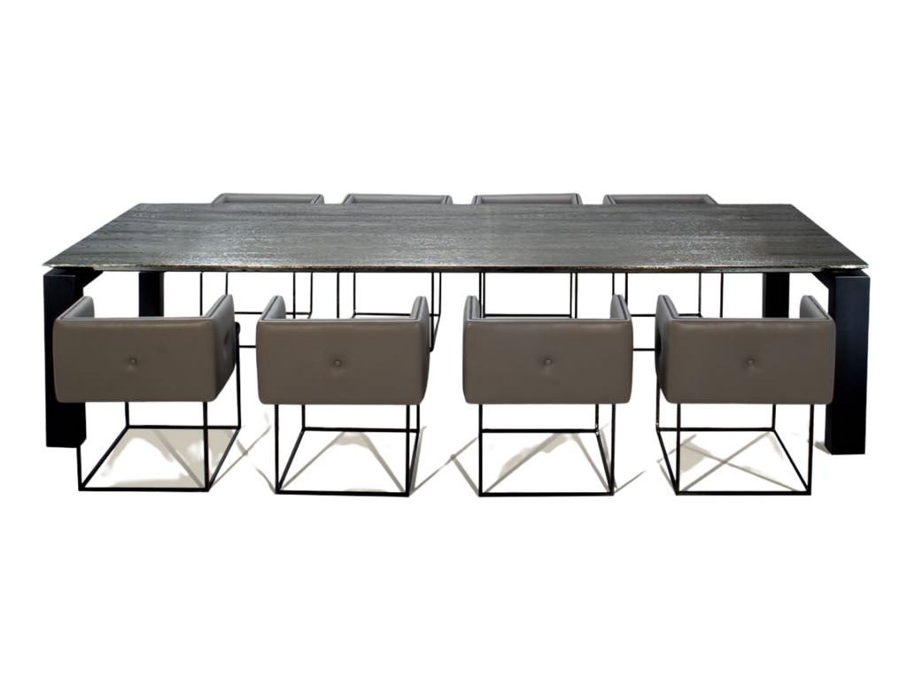 Cairo Table with dark textured top and light gray armless chairs for modern dining