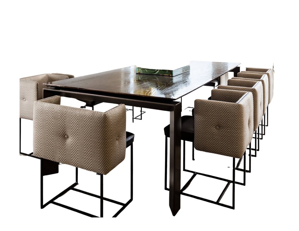Cairo Table long dark wood dining table with upholstered herringbone chairs