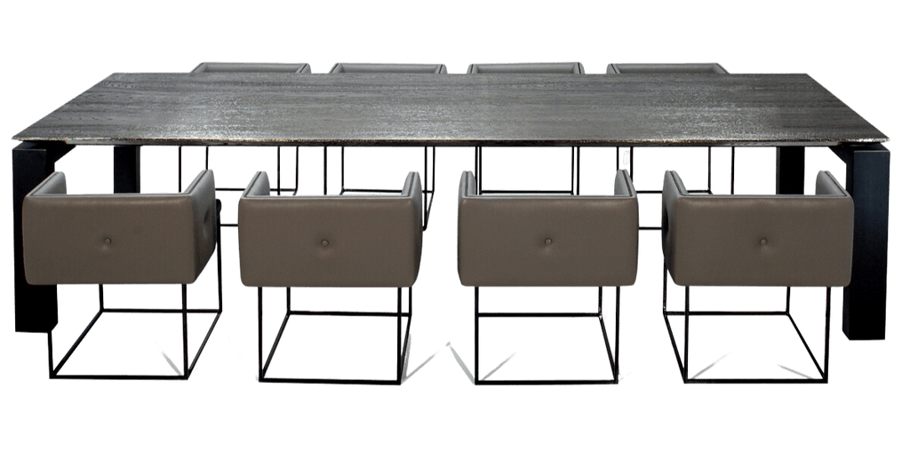 Cairo Table with long wooden top and four beige upholstered chairs with black metal frames