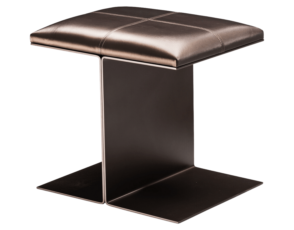 Capri Stool side table with modern brown leather upholstery and dark metal I-beam base