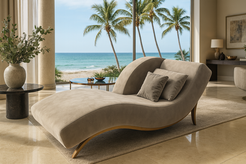 Luxurious Euphrosyne Chaise Longue with curved design, plush upholstery, and throw pillows