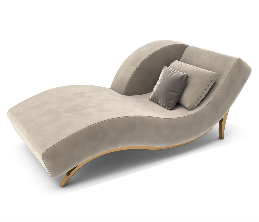 Euphrosyne Chaise Longue with light gray upholstery, curved design, and wooden base