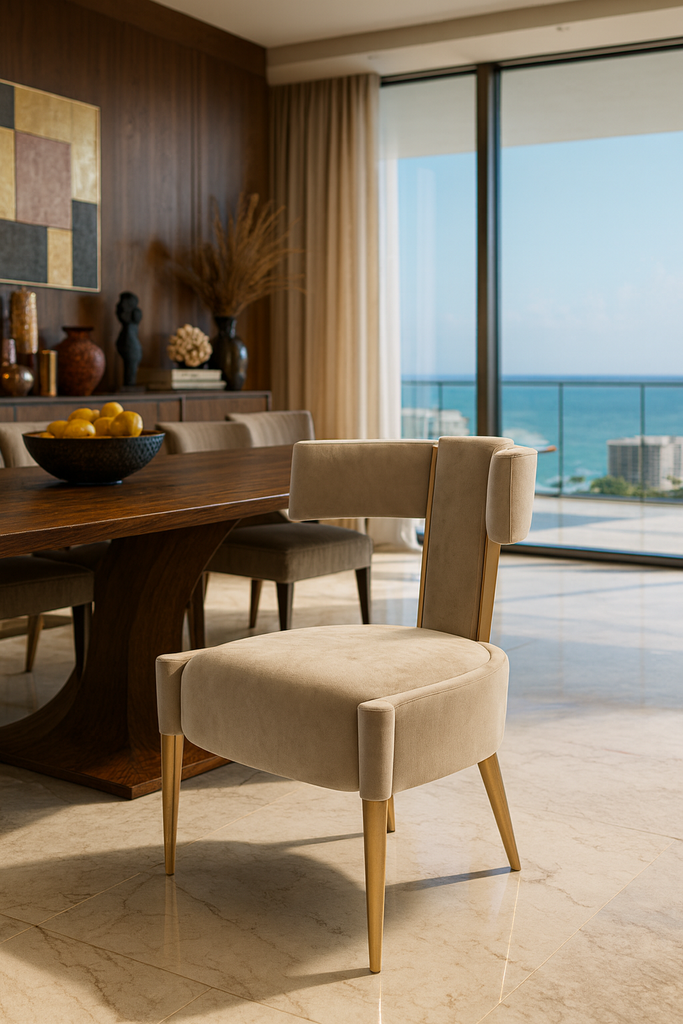 Erevos Dining Chair with beige velvet upholstery and gold legs for stylish dining rooms