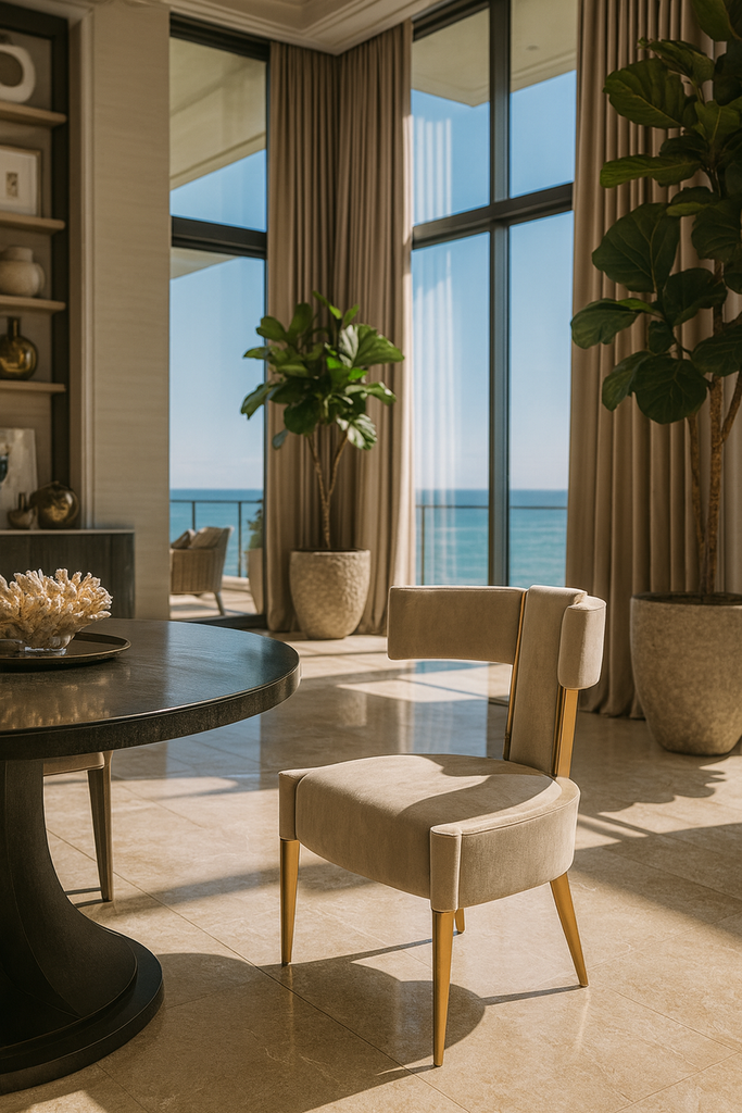 Erevos Dining Chair with light upholstery fabric, unique backrest, and golden legs