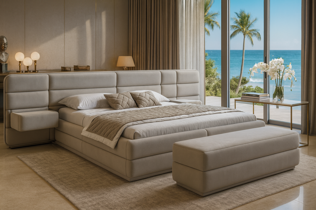 Light beige upholstery material on Velastra Bed with tufted headboard and matching bench