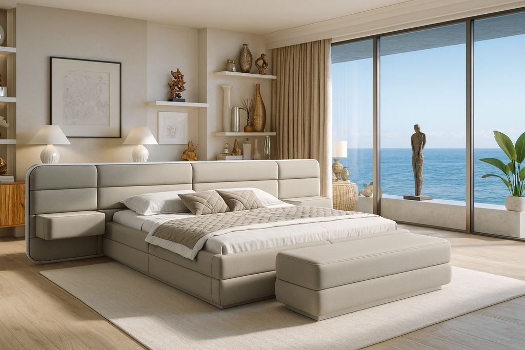 Modern Velastra Bed with light-colored upholstery material and matching ottoman