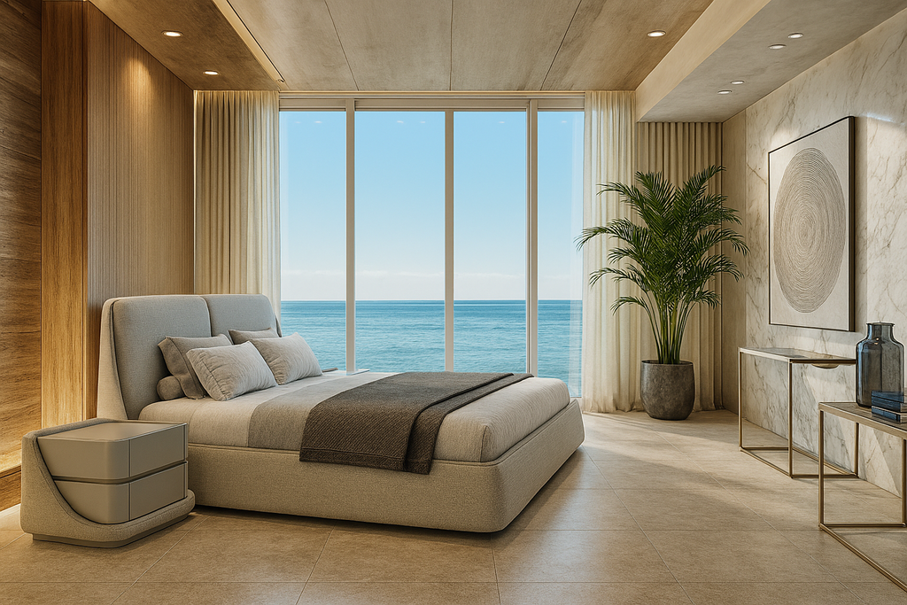 Modern Nymera Bed with upholstery material and ocean view in a stylish bedroom