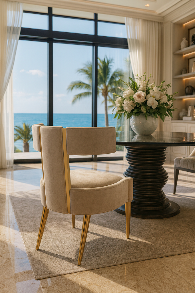 Erevos Dining Chair with beige upholstery, gold trim, and tapered gold legs