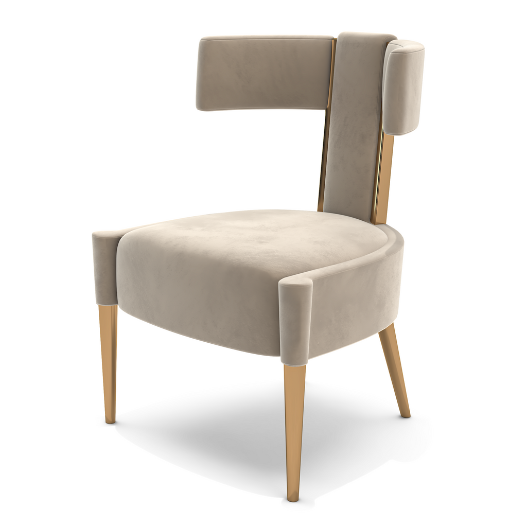 Erevos Dining Chair with beige velvet upholstery and gold-finished legs