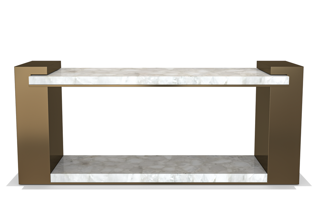 Eirene Metal Resin Console with two-tiered bronze frame and white marble shelves