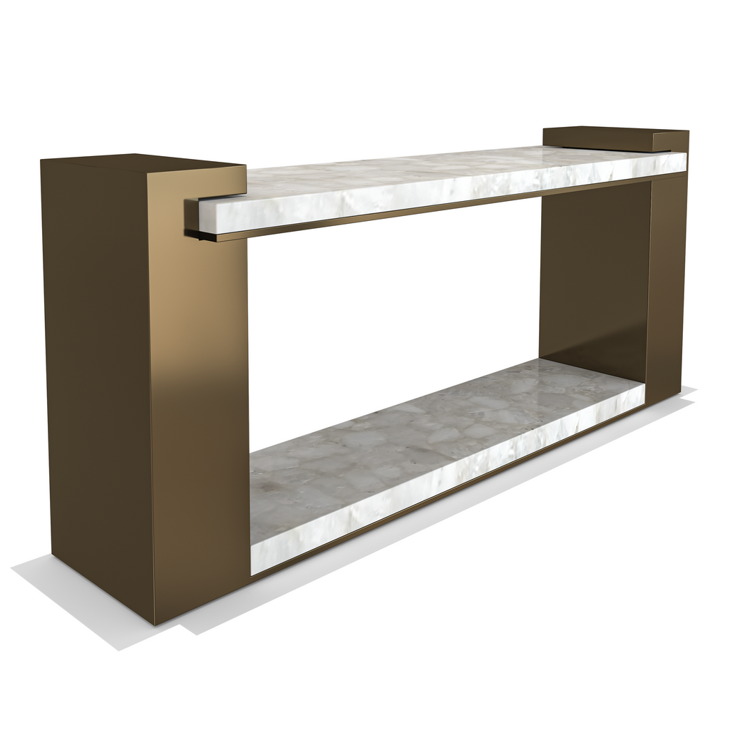 Eirene Metal Resin Console with bronze frame and white marble shelves