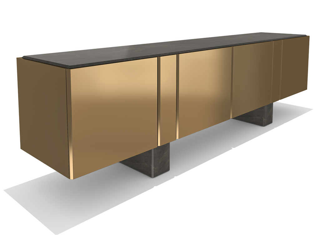 Charites Metal Resin Credenza with dark top and four golden-bronze doors