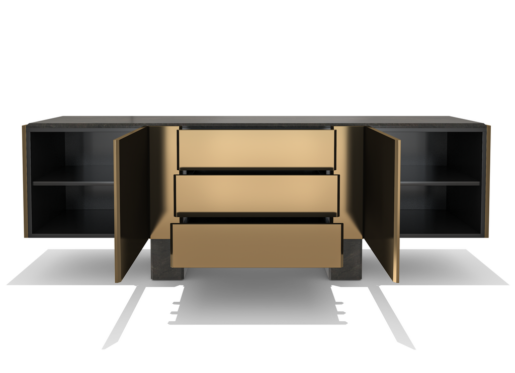 Dark wood Charites Metal Resin Credenza with gold drawers and open side cabinets