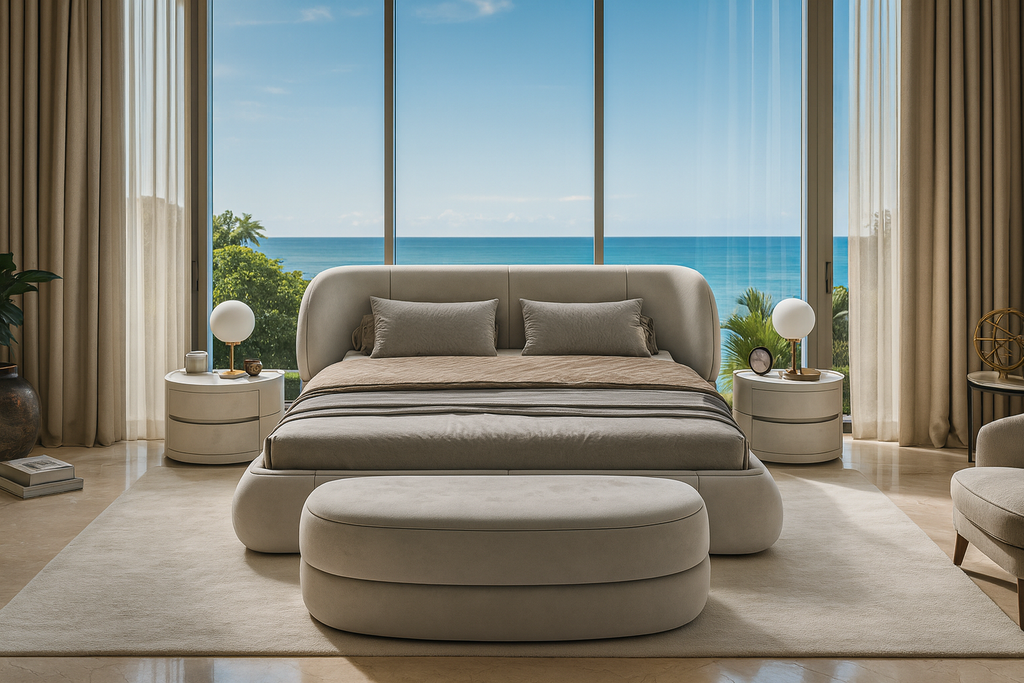 Eurydice Bed with modern gray upholstery, upholstered headboard, and matching oval ottoman