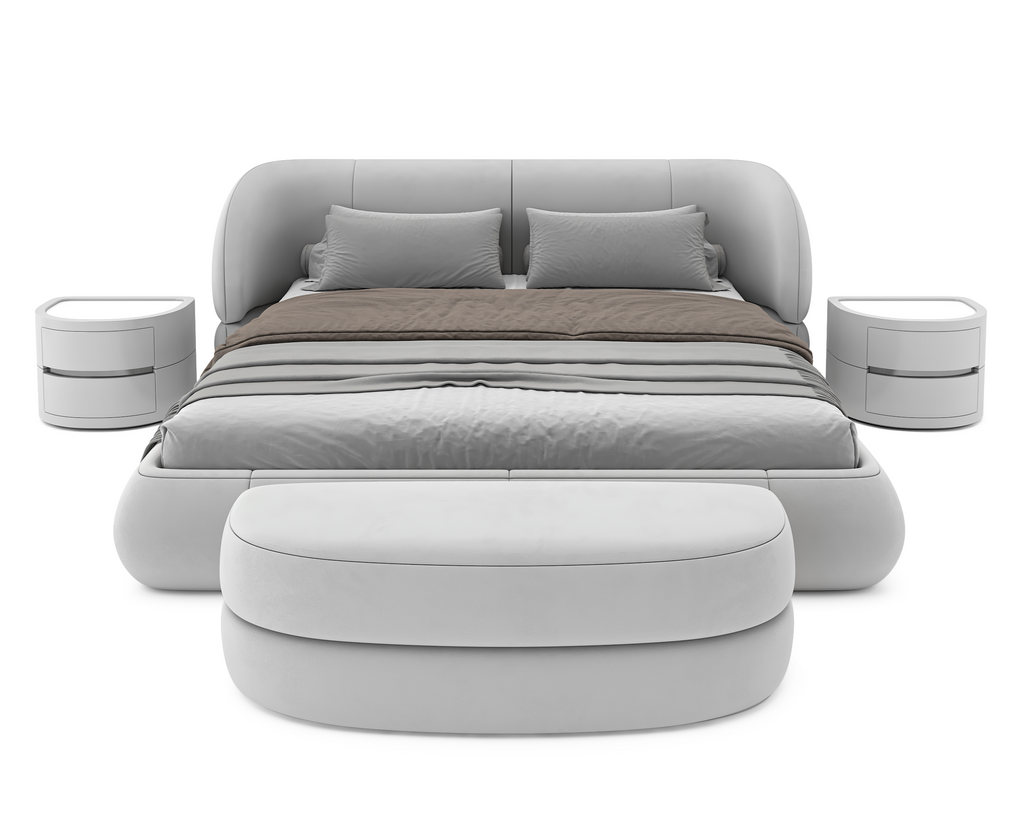 Eurydice Bed with modern gray upholstery, integrated headboard, matching nightstands, and foot bench