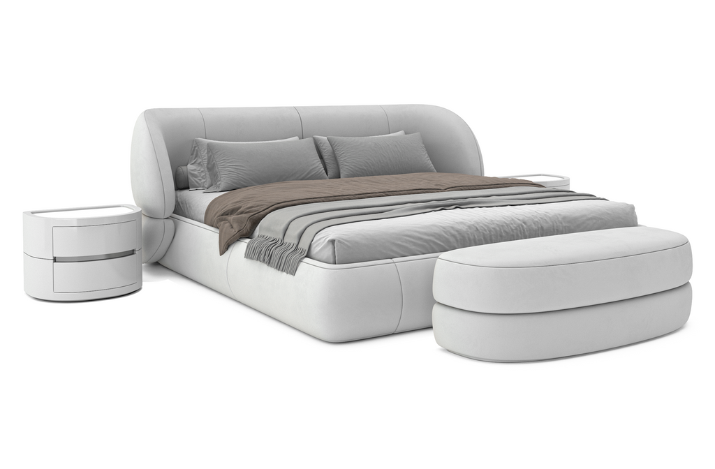Eurydice Bed with modern gray upholstery, integrated headboard, and matching ottoman