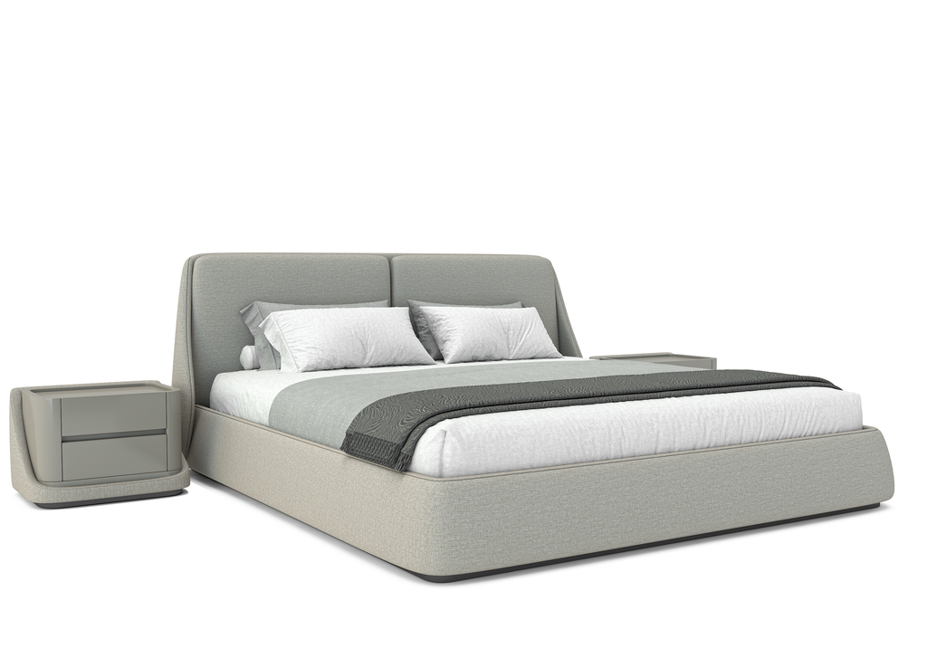 Contemporary upholstered Nymera Bed with matching nightstand in plush upholstery material