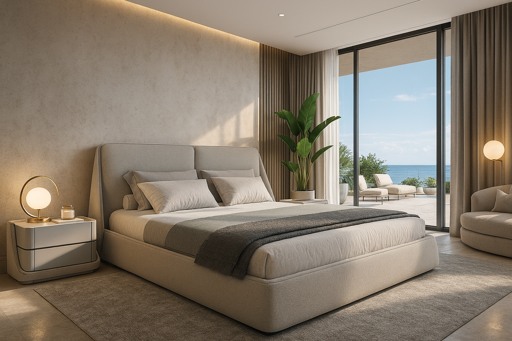 Modern bedroom with Nymera Bed featuring upholstery material and ocean view patio