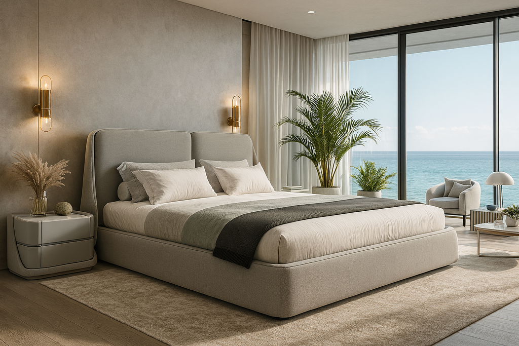 Modern light-colored upholstered Nymera Bed with a stylish headboard and comfortable upholstery material