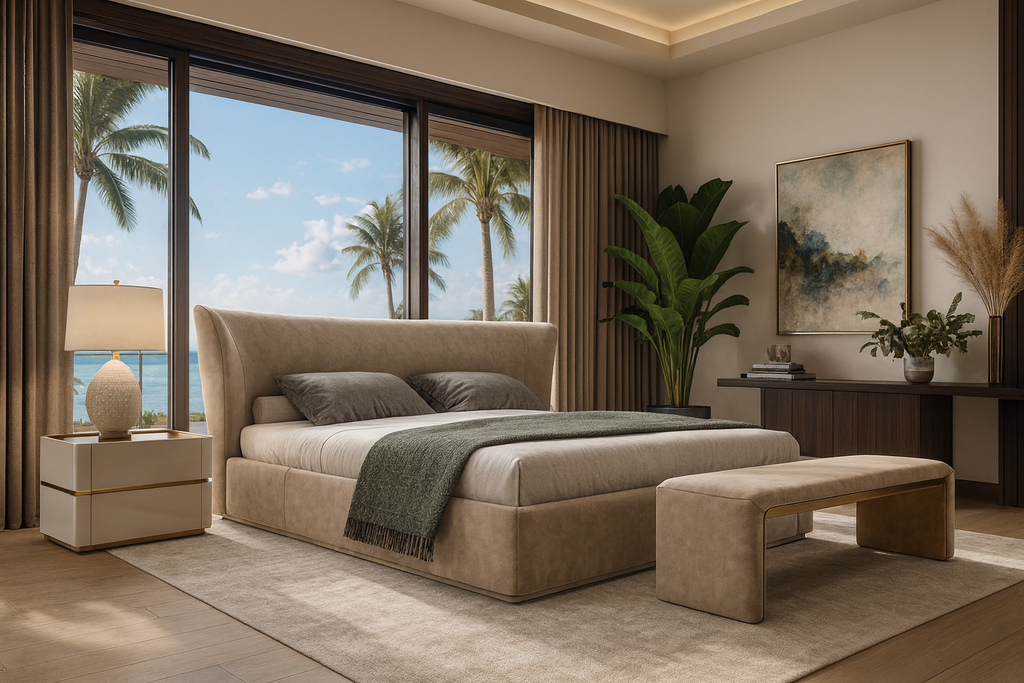 Cream-colored upholstered Lunaris Bed with winged headboard and matching bench