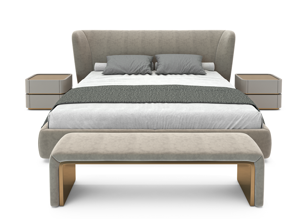 Modern Lunaris Bed with upholstered frame, matching nightstands, and coordinated bench