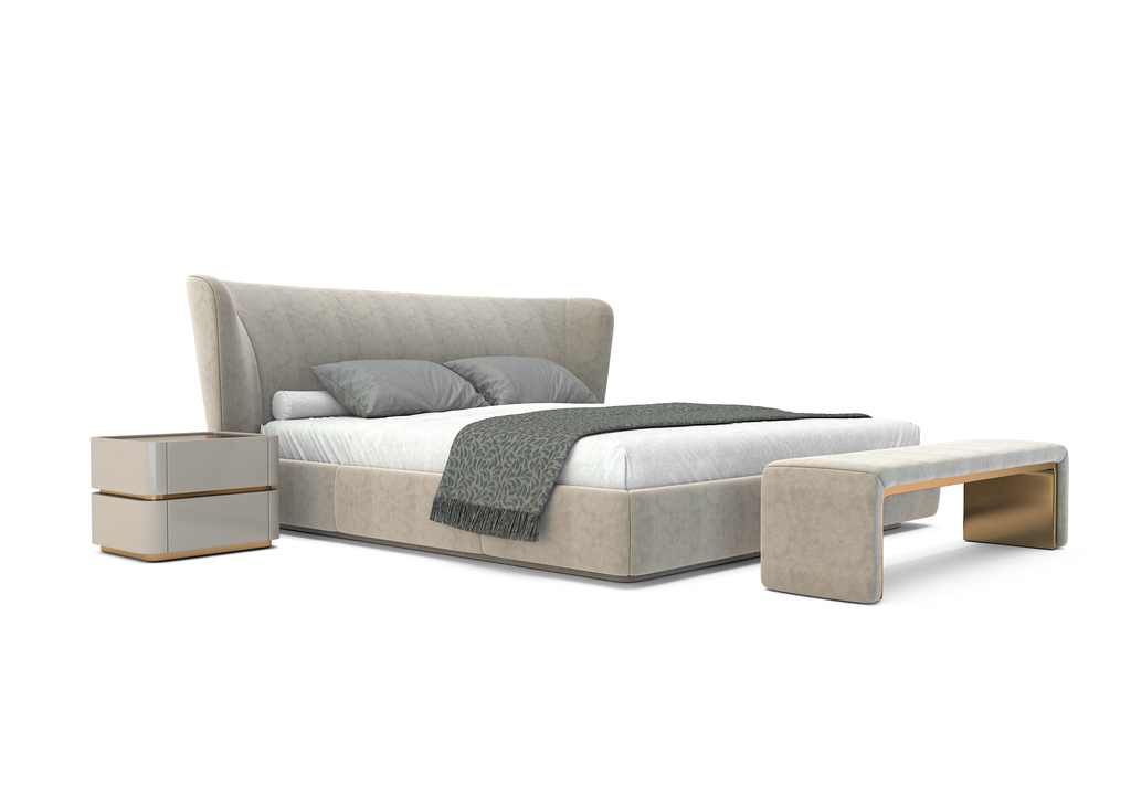 Modern upholstered Lunaris Bed with curved headboard, matching nightstands, and bench